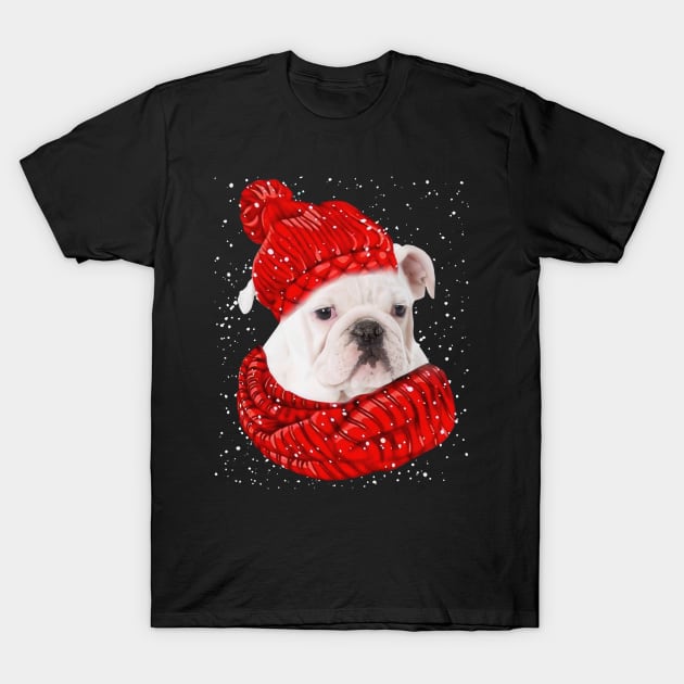 White English Bulldog Wearing Red Hat And Scarf Christmas T-Shirt by Mhoon 